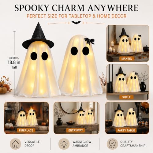 Halloween Light Up Ghosts Decoration Set - Indoor Spooky Tabletop Decor with String Lights