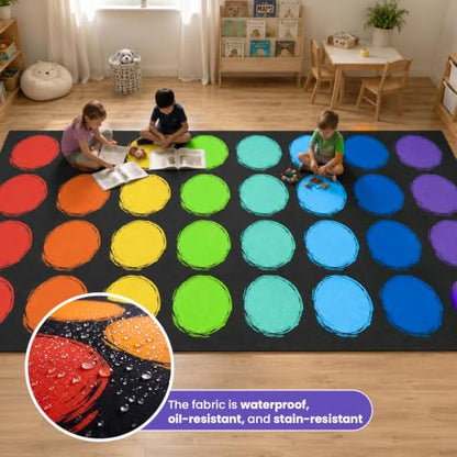 Large Classroom Rug 6.6x12.8 Ft Seats 32 Preschool & Kindergarten Carpet - Rainbow Circle Design