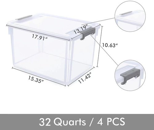 Citylife 32 QT Plastic Storage Bins - Stackable Containers with Latching Lids for Garage, Closet & Kitchen | 4-Pack