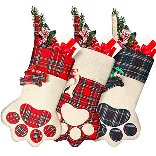 Pet Christmas Stockings 3 Pack Plaid Linen Cotton Pet Paw Design Festive Decor