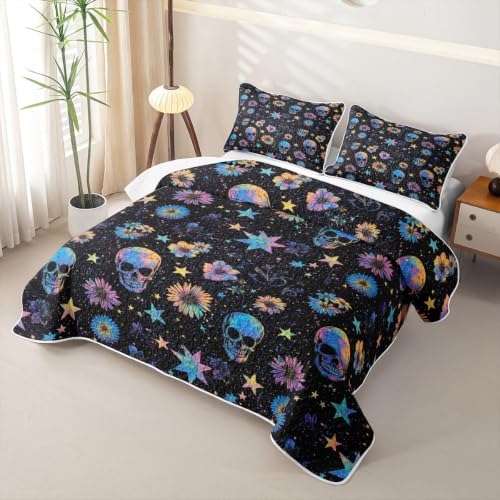 Halloween Skull Neon Glow Quilt Bedspread Set for Kids & Teens - Black Blue Pink, King Size