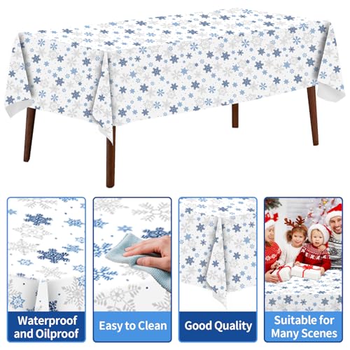 Disposable Snowflake Plastic Tablecloth 54x108 Inches - Blue Holiday Party Cover - 4 Pack