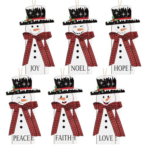 12Pcs Christmas Snowman Ornaments Set - Wooden Holiday Tree Decorations with Plaid Scarves - Farmhouse Winter Decor