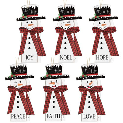12Pcs Christmas Snowman Ornaments Set - Wooden Holiday Tree Decorations with Plaid Scarves - Farmhouse Winter Decor