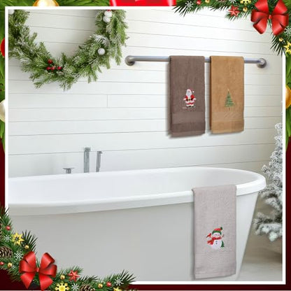 3 Pcs Christmas Hand Towels for Bathroom with Santa Claus Embroidery, 13.3 x 29 Inches - Brown, Gray & Beige