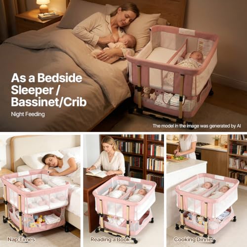 Pink Twin Bassinet for 2 Babies - Portable Rocking Bedside Crib for Twins