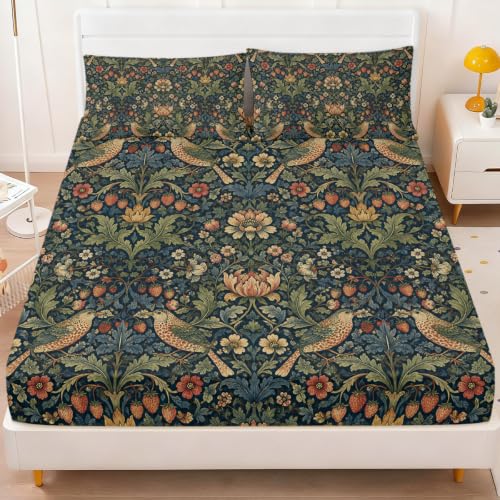 Berry Bird Lotus Pattern Floral Fitted Sheet Set King Size with Elastic Edges