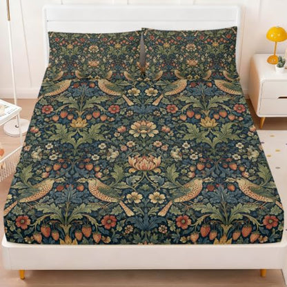 Berry Bird Lotus Pattern Floral Fitted Sheet Set King Size with Elastic Edges