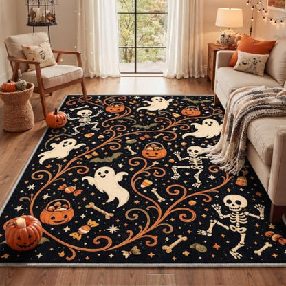 Halloween Skeleton Pumpkin Ghost Rug - Non Slip 2x6 Runner with Variation - Cute Pumpkin Noir