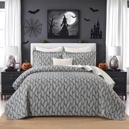 Homzard Queen Size Cotton Quilt Set with Fern Leaf Botanical Design - Gray, 10gray/White
