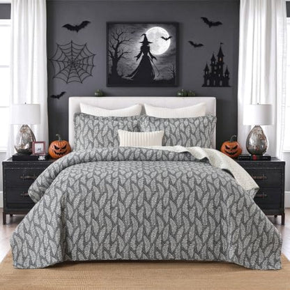 Homzard Queen Size Cotton Quilt Set with Fern Leaf Botanical Design - Gray, 10gray/White