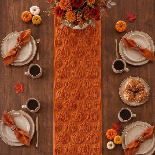 Caramel Fall Table Runner with 3D Pumpkins - 13 x 72 Inches - Thanksgiving Decor