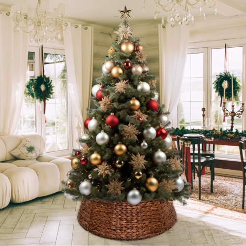 24-Inch Handwoven Water Hyacinth Christmas Tree Collar with Metal Frame - Dark Brown