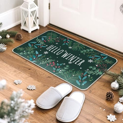 Hello Winter Green Kitchen Rugs Set of 2 - Botanical Pine Needle, Non-Slip Decor
