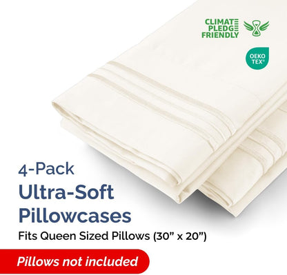 Queen Pillow Cases Set of 4 | Ultra Soft Hotel Quality Covers - Wrinkle-Free & Stain Resistant - Off White