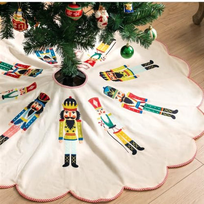 48 Inch Quilted Christmas Tree Skirt with Nutcracker Design - Holiday Decor