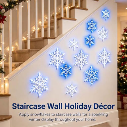 White LED Snowflake Wall Christmas Lights - 12pcs Indoor Holiday Decor
