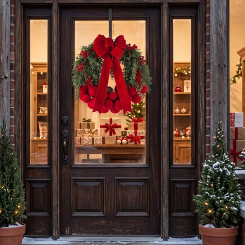 24-Inch Artificial Christmas Wreath with Velvet Balls and Bow - Front Door Decor