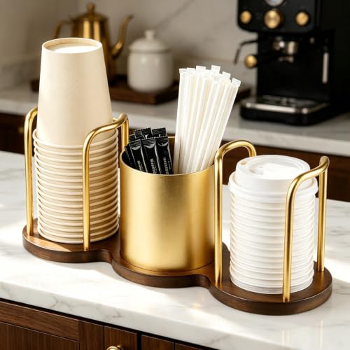 Coffee Cup Dispenser with Straw & Stirrer Storage - Gold, Small (3.35in)