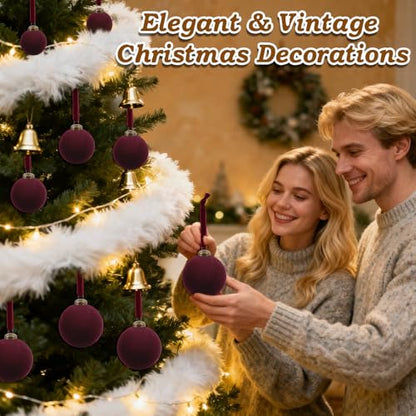 Burgundy Velvet Christmas Ornaments - Set of 12 Flocked Holiday Decor