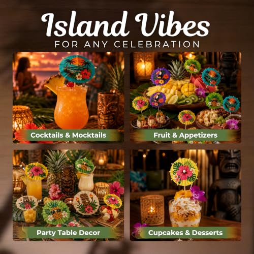 Tiki Bar Cocktail Umbrellas - 100 Pieces with Tropical Designs, Includes Classic Tiki Bar Variation