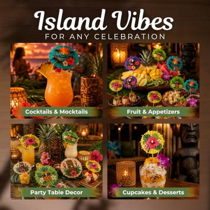 Tiki Bar Cocktail Umbrellas - 100 Pieces with Tropical Designs, Includes Classic Tiki Bar Variation