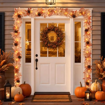9FT Fall Garland with Lights - Large Maple Leaves Berries Pinecones 1 Pack