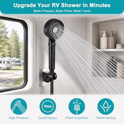 Handheld Filter RV Shower Head with Hose - Black, 5 Spray Modes, Water Saving