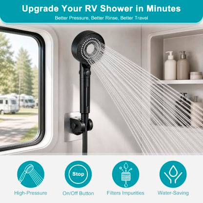 Handheld Filter RV Shower Head with Hose - Black, 5 Spray Modes, Water Saving