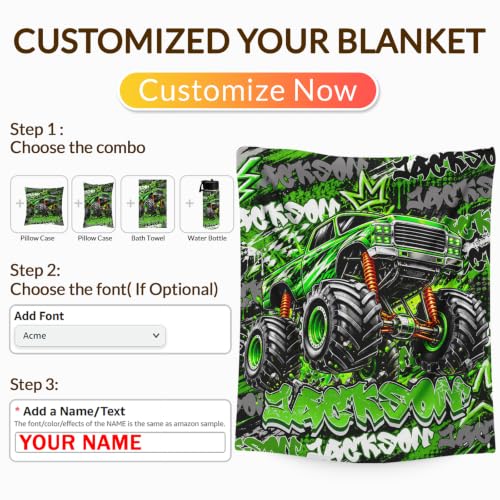 Personalized Boys Truck Blanket - Green Custom Throw for Kids Teens & Adults