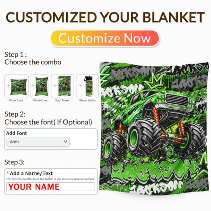 Personalized Boys Truck Blanket - Green Custom Throw for Kids Teens & Adults