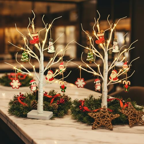 Xmas Tree x2: Lighted Birch Mini Christmas Trees with 24 LED Lights, 22in - 2 Pack