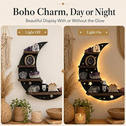 Moon Black Crescent Moon Crystal Display Shelf with LED Light Wall Decor