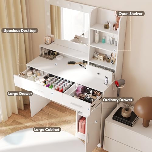 DUMOS Makeup Vanity Desk with Mirror and Lights - 15.6 x 38.1 x 53.9 in, 11 LEDs, 4 Shelves