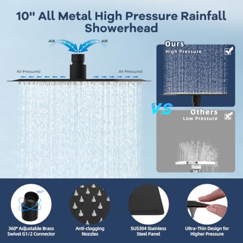 Square 10-Inch All-Metal Rainfall Shower Head & 10 Mode Filtered Handheld - Matte Black