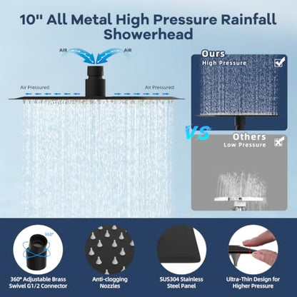 Square 10-Inch All-Metal Rainfall Shower Head & 10 Mode Filtered Handheld - Matte Black