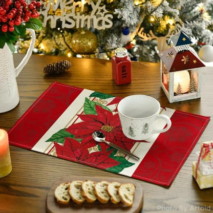 Watercolor Poinsettia Christmas Placemats Set of 4 - 12x18 Inch Seasonal Table Decor