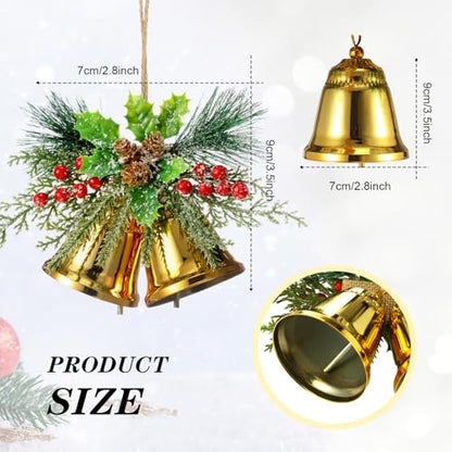 Christmas Bell Hanging Ornaments Set - Gold Rustic Metal Decor with Berries, 8.7" - 2 Pieces
