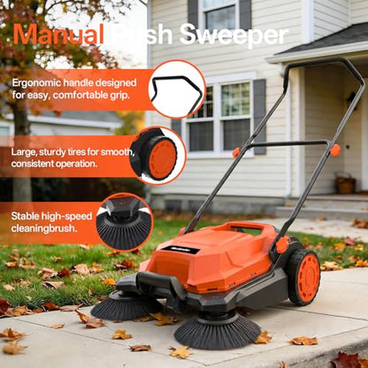 26-Inch Walk-Behind Floor Sweeper with Large Dust Container for Garage Patio Yard