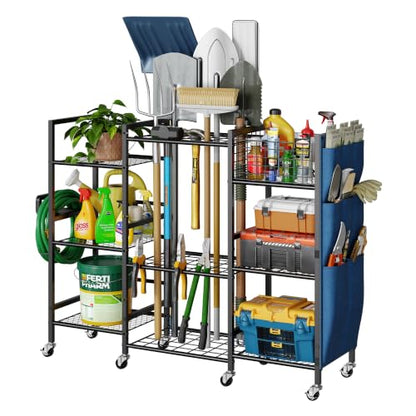 3-Sided Garden Tool Organizer with Wheels and Storage Shelves