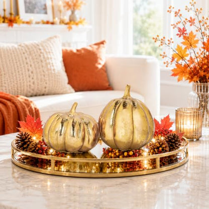 Fall Pumpkin Decor Set - Gold Resin Figurines for Table Centerpiece, 2 Pieces