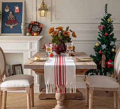 Christmas Table Runner 13x90 Inch with Tassels - Red Beige Stripe Boho Holiday Decor
