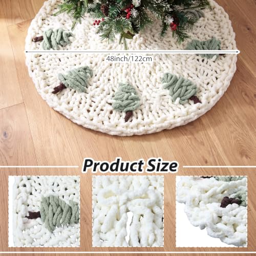 48-Inch Chunky Knit Christmas Tree Skirt Beige with Tree Pattern - Holiday Decor