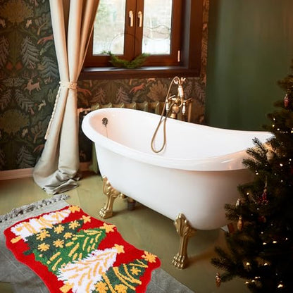 Christmas Bath Mat with Tree Pattern Non-Slip Microfiber Rug - Red Green White