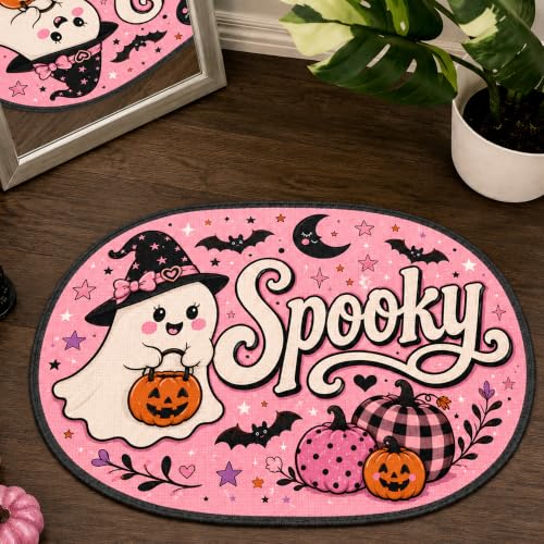 Nakupenda Halloween Ghost Bath Mat Pink Spooky Rug with Cute Ghost & Pumpkins