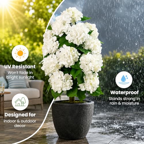Artificial Hydrangea Tree Potted - White Hydrangea, Full & Weather-Resistant