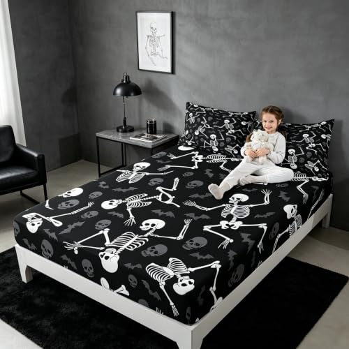 Obsidian Black & Off-White Queen Bed Sheet Set with Skeleton Print & Deep Pockets