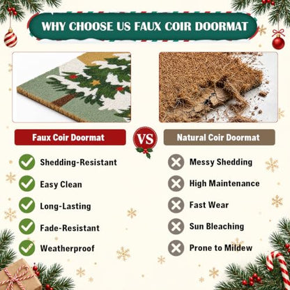 Christmas Welcome Mat 16x30 Inch Non-Slip Faux Coir Front Door Rug with Christmas Tree Pattern