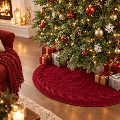 Yuboo Burgundy Red Christmas Tree Skirt 48 Inch - Large, Rustic Knit