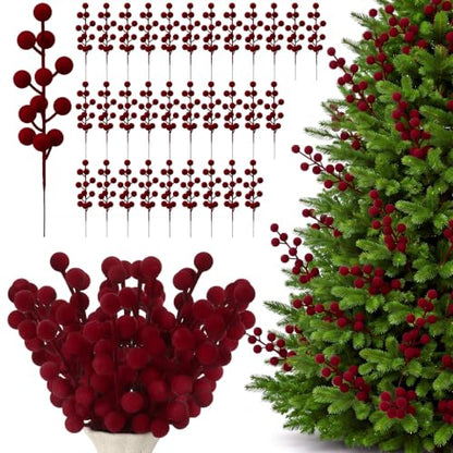 60 Pcs Burgundy Christmas Holly Berry Stems - 8 Inch / Holiday Decor